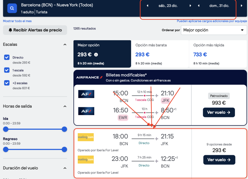 comprar vuelos baratos de barcelona a Nueva York en navidad