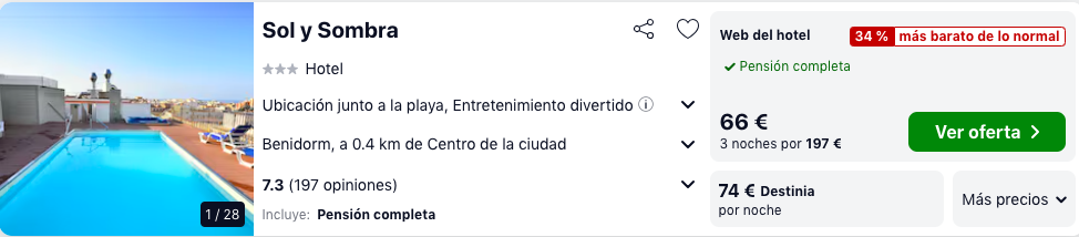 ¡Chollazo! Benidorm: Hotel con desayunos, comidas y cenas por 33 € p.p/noche 