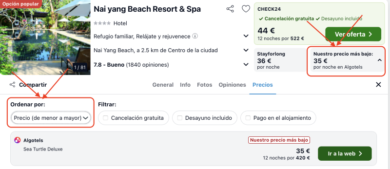 dormir barato hotel 4 estrellas Phuket