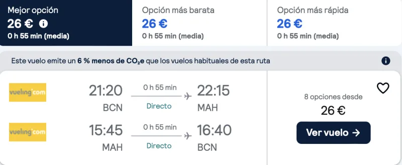comprar vuelos baratos en verano de barcelona a Menorca