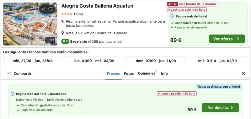 oferta hotel con parque acuático en Cadiz