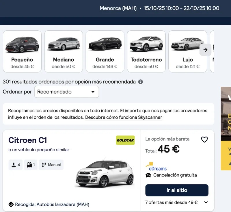 alquilar coche barato en menorca