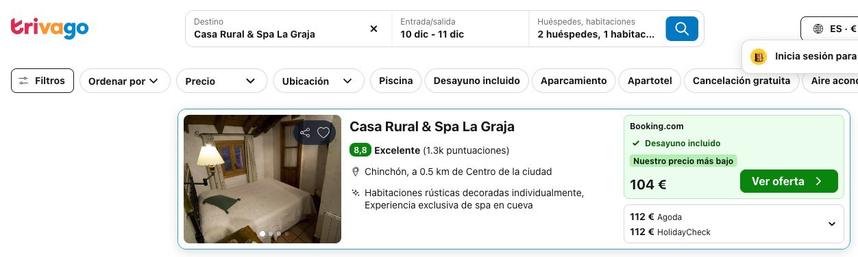 Precio del Casa Rural & Spa La Graja en Trivago del 10 al 11 de diciembre