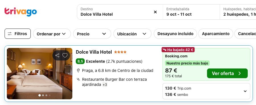 Precio del Dolce Villa Hotel en Trivago del 9 al 11 de octubre