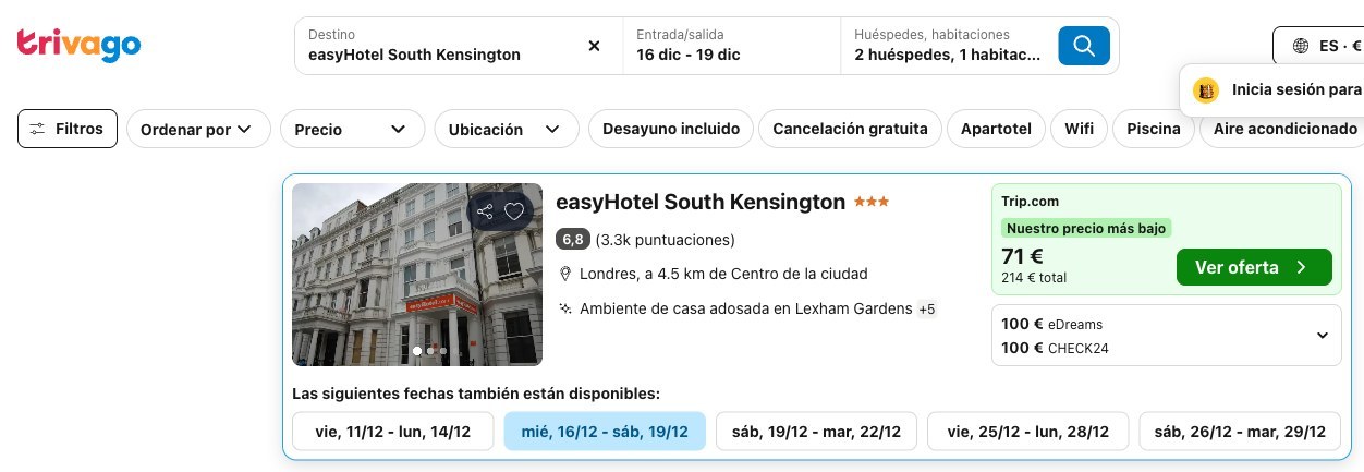 Precio del easyHotel South Kensington en Trivago del 16 al 19 de diciembre
