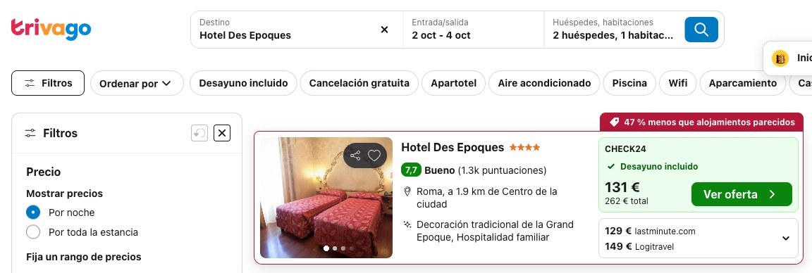Precio del Hotel Des Epoques en Trivago del 2 al 4 de octubre