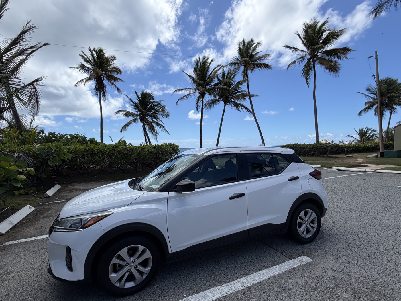 Nissan Kicks blanco de alquiler aparcado entre palmeras frente al mar en Puerto Rico, el coche que me dieron al reservar un todocamino compacto categoría CFAR