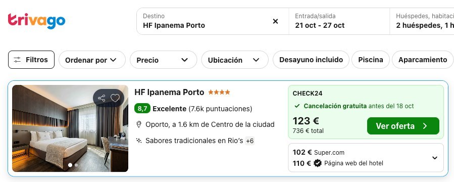 Precio del HF Ipanema Porto en Trivago para el del 21 al 27 de octubre