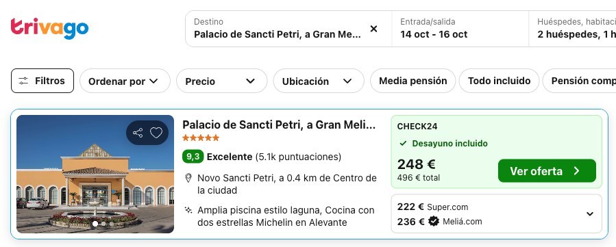 Precio del Palacio de Sancti Petri, a Gran Meliá - The Leading Hotels of the World en Trivago del 14 al 16 de octubre
