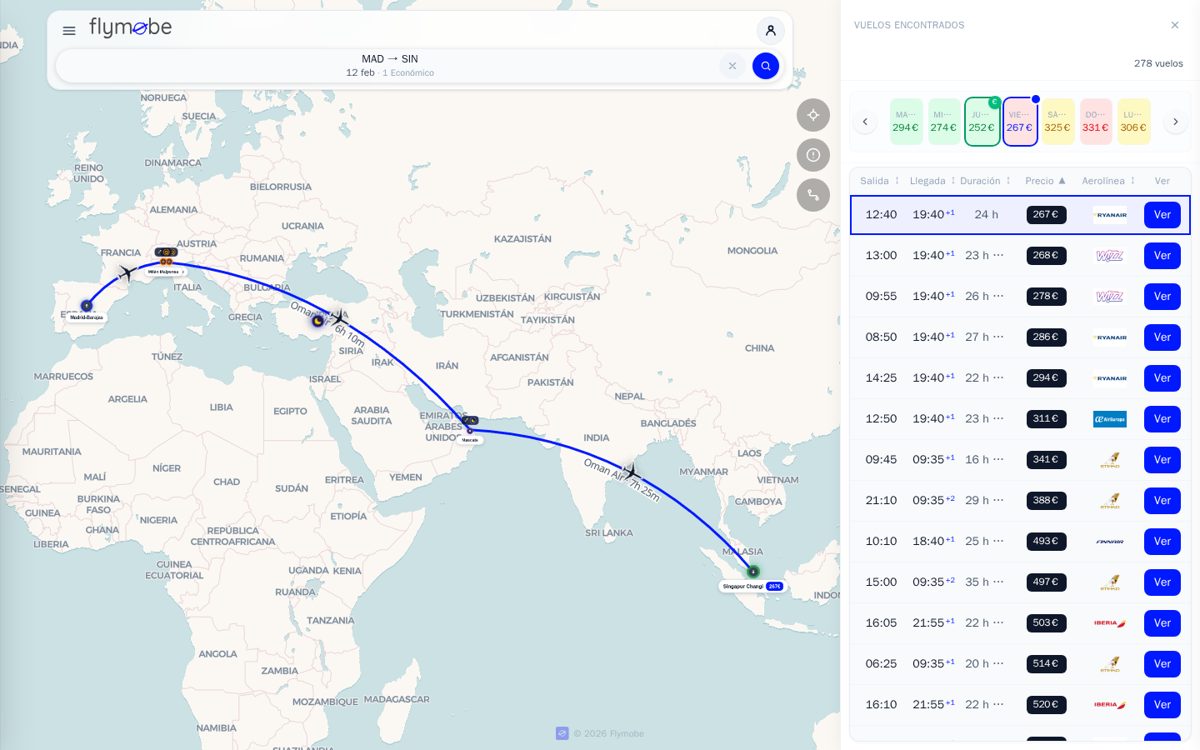 Vuelos de Madrid a Singapur por 267 euros el 12 de febrero de 2027 en Flymobe