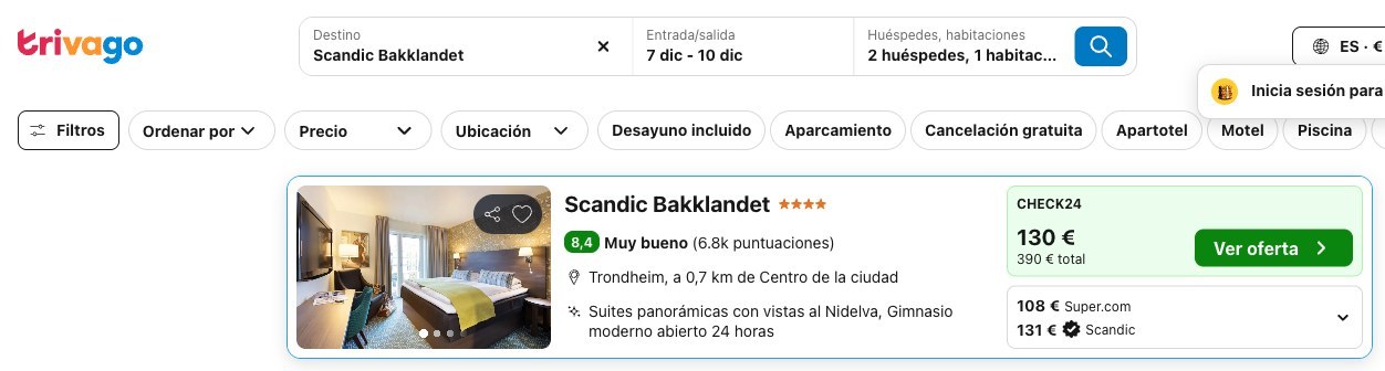 Vuelo y hotel en Trondheim: precio del Scandic Bakklandet en Trivago, del 7 al 10 de diciembre