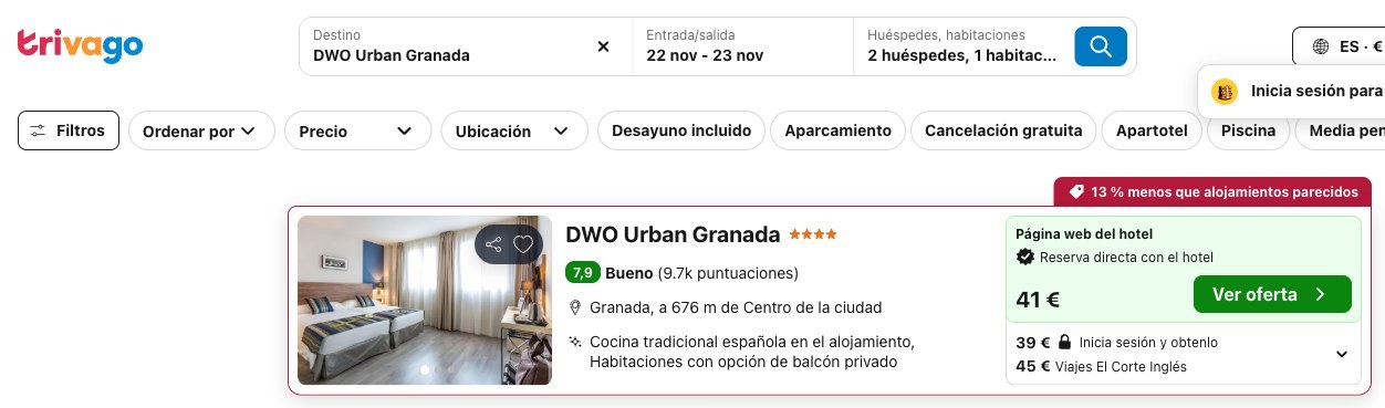 Precio del DWO Urban Granada en Trivago del 22 al 23 de noviembre