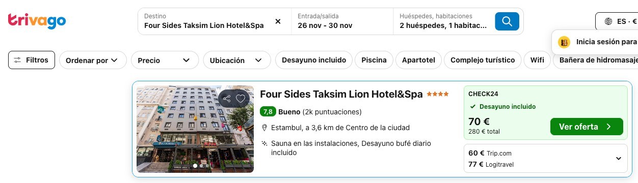 Estambul con desayuno: precio del Four Sides Taksim Lion Hotel&Spa en Trivago, del 26 al 30 de noviembre