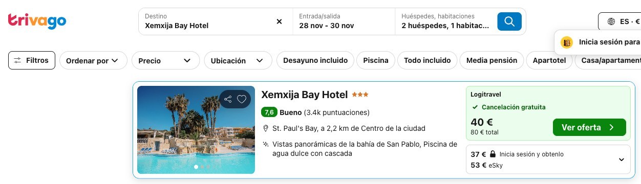 Vuelo y hotel en Malta: precio del Xemxija Bay Hotel en Trivago, del 28 al 30 de noviembre