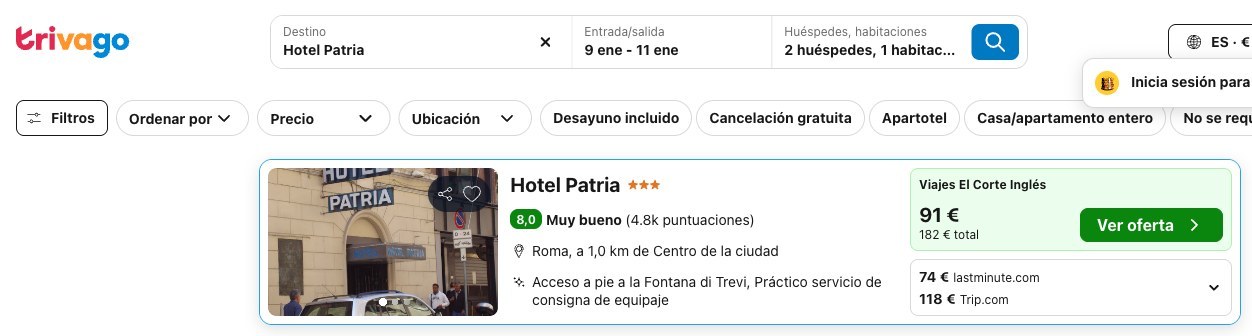 Vuelo y hotel en Roma: precio del Hotel Patria en Trivago, del 9 al 11 de enero