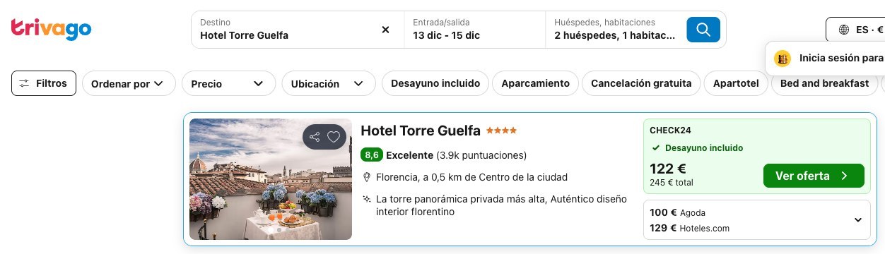 Precio del Hotel Torre Guelfa en Trivago del 13 al 15 de diciembre