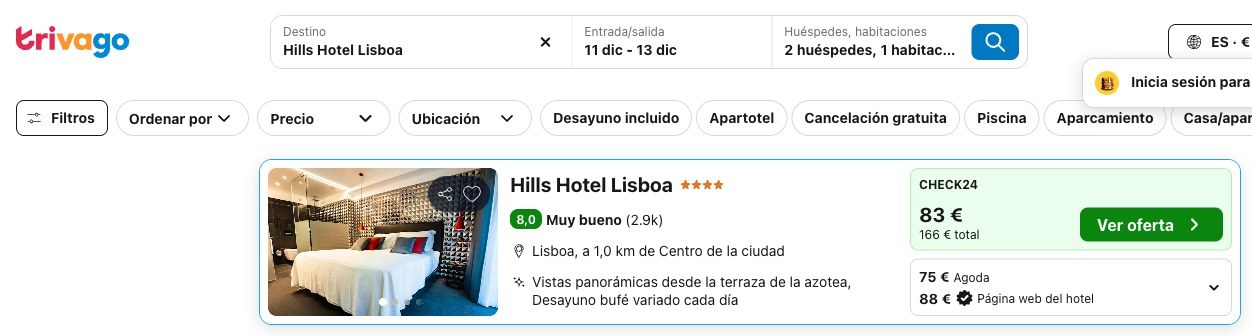 Precio del Hills Hotel Lisboa en Trivago del 11 al 13 de diciembre