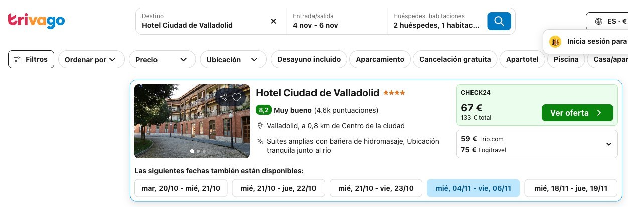 Precio del Hotel Ciudad de Valladolid en Trivago del 4 al 6 de noviembre