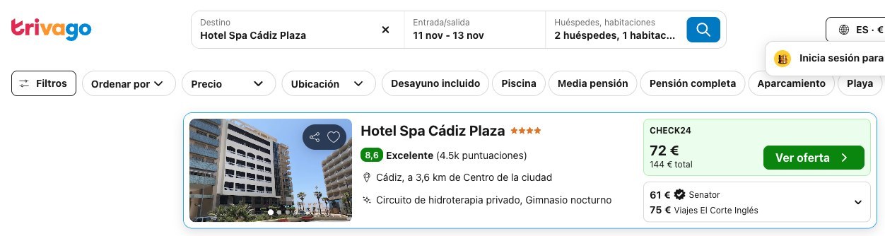 Precio del Hotel Spa Cádiz Plaza en Trivago del 11 al 13 de noviembre