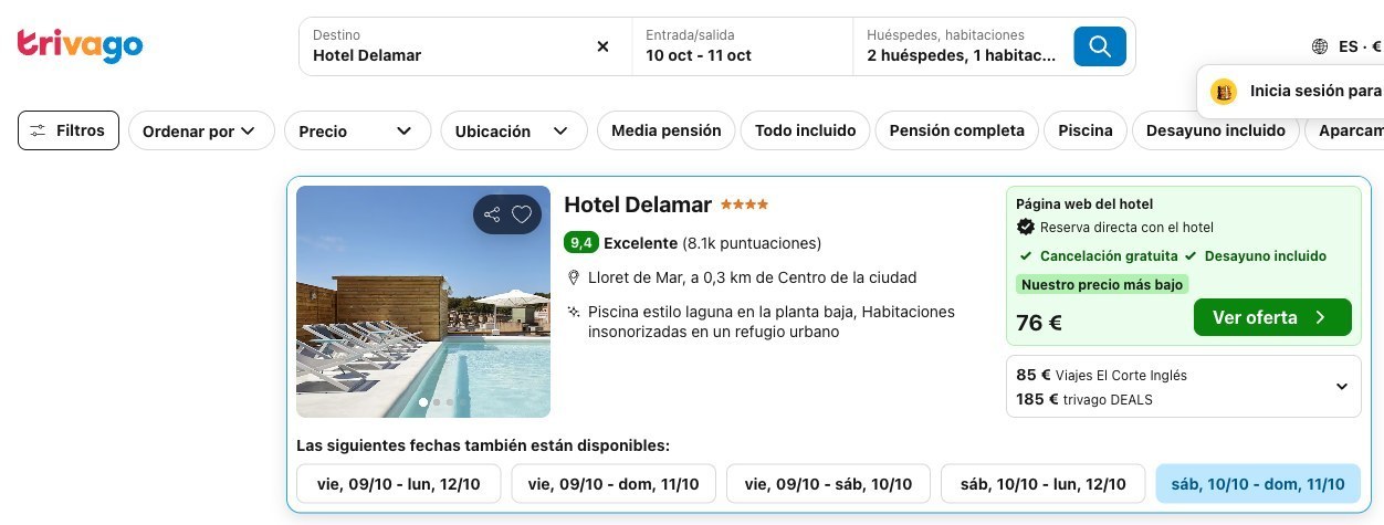 Hoteles para el puente de octubre: Hotel Delamar en Lloret de Mar por 76 euros la noche en Trivago