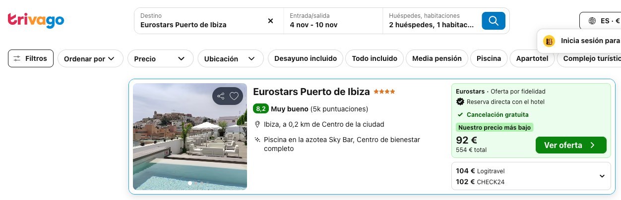 Vuelo y hotel en Ibiza: precio del Eurostars Puerto de Ibiza en Trivago, del 4 al 10 de noviembre