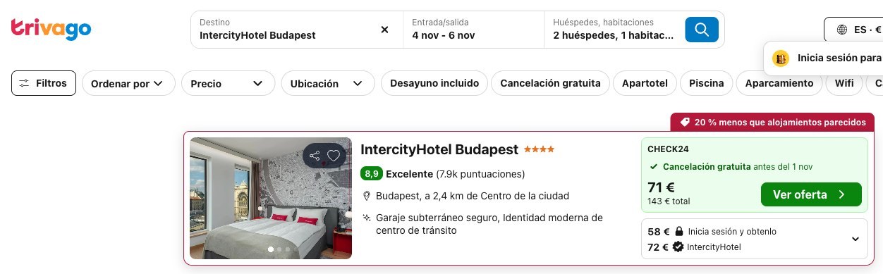 Precio del IntercityHotel Budapest en Trivago del 4 al 6 de noviembre