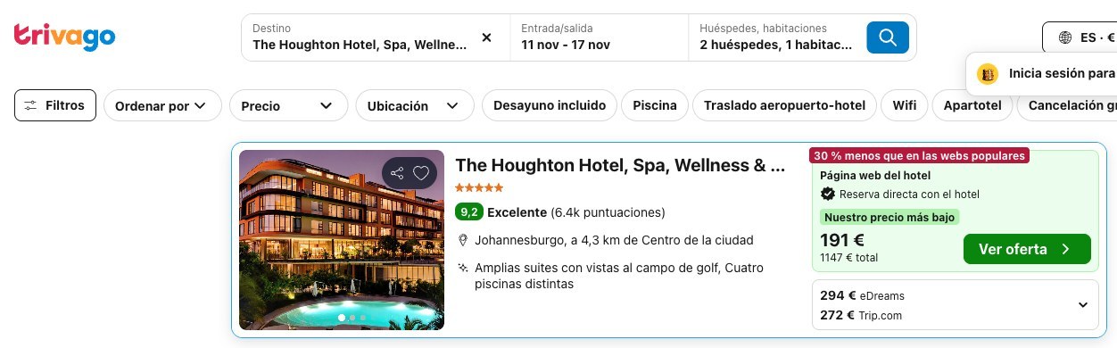 Vuelo y hotel en Johannesburgo: precio del The Houghton Hotel, Spa, Wellness & Golf en Trivago, del 11 al 17 de noviembre