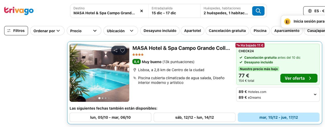 Vuelo y hotel en Lisboa: precio del MASA Hotel & Spa Campo Grande Collection en Trivago, del 15 al 17 de diciembre