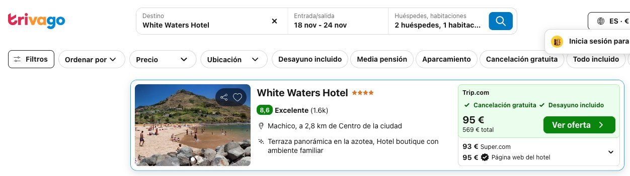 Vuelo y hotel en MADEIRA: precio del White Waters Hotel en Trivago, del 18 al 24 de noviembre