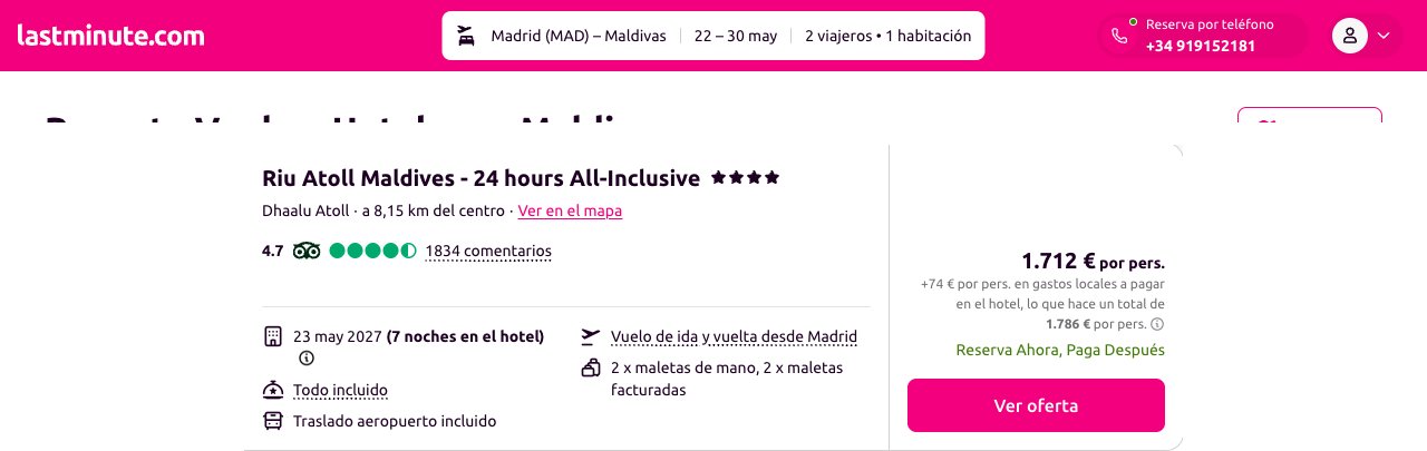 Maldivas con Todo Incluido: Riu Atoll Maldives con vuelos desde Madrid por 1.712 euros por persona en Lastminute, del 22 al 30 de mayo de 2027
