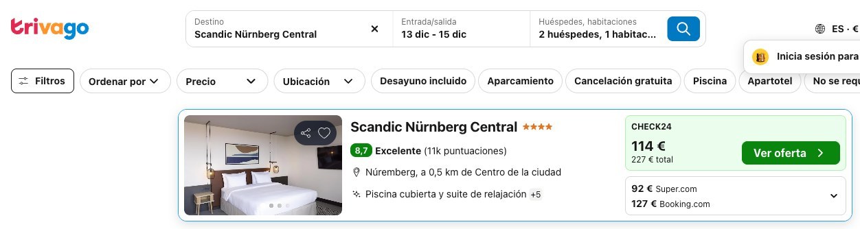 Vuelo y hotel en Núremberg: precio del Scandic Nürnberg Central en Trivago, del 13 al 15 de diciembre