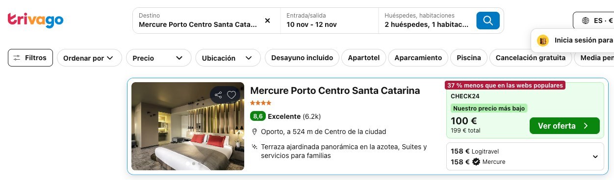 Precio del Mercure Porto Centro Santa Catarina en Trivago del 10 al 12 de noviembre