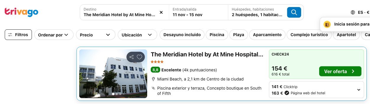 Vuelo y hotel en Miami Beach: precio del The Meridian Hotel Miami en Trivago, del 11 al 15 de noviembre