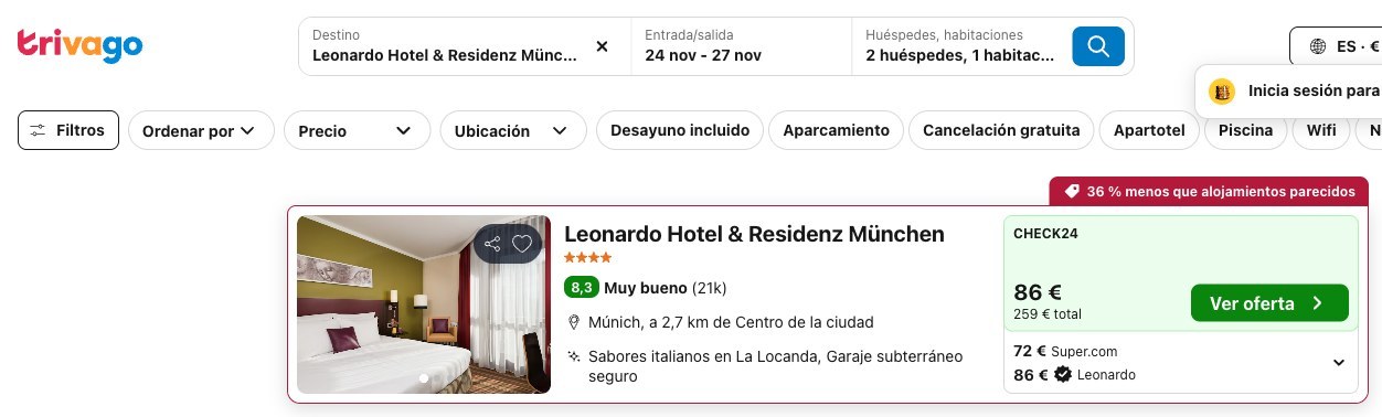 Vuelo y hotel en Múnich: precio del Leonardo Hotel & Residenz München en Trivago, del 24 al 27 de noviembre