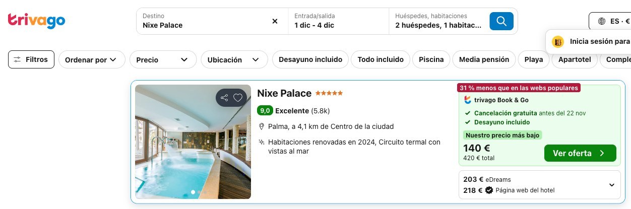 Precio del Nixe Palace en Trivago del 1 al 4 de diciembre