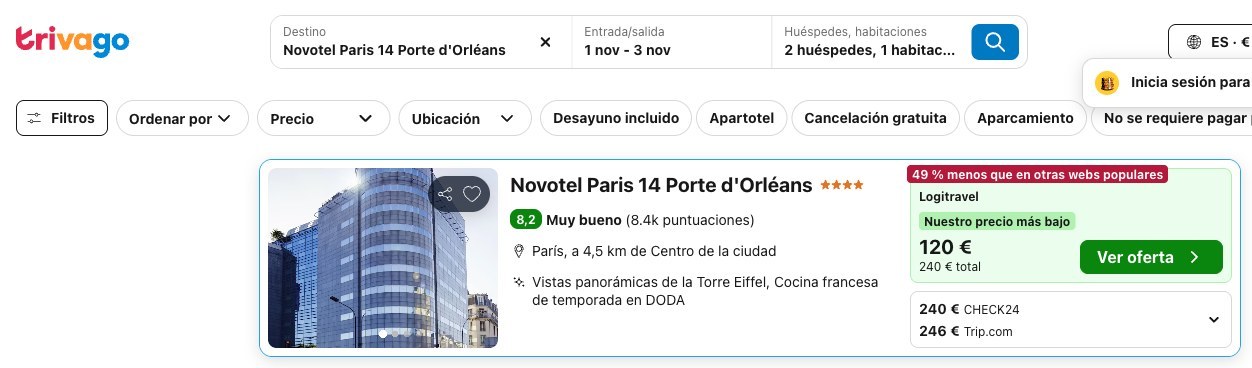 Precio del Novotel Paris 14 Porte d'Orléans en Trivago del 1 al 3 de noviembre