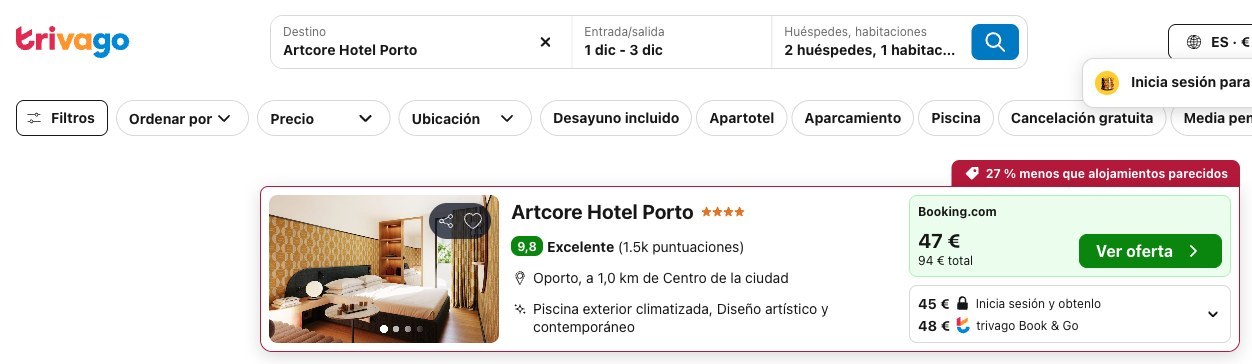 Vuelo y hotel en Oporto: precio del Artcore Hotel Porto en Trivago, del 1 al 3 de diciembre