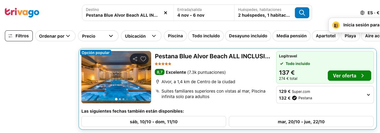 Precio del Pestana Blue Alvor Beach ALL INCLUSIVE en Trivago del 4 al 6 de noviembre
