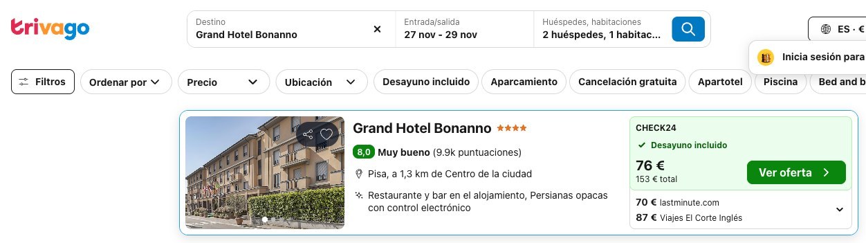 Vuelo y hotel en Pisa: precio del Grand Hotel Bonanno en Trivago, del 27 al 29 de noviembre