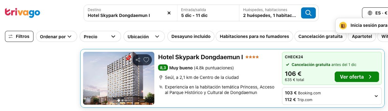 Vuelo y hotel en Seúl: precio del Hotel Skypark Dongdaemun I en Trivago, del 5 al 11 de diciembre