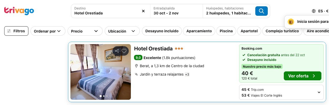 Vuelo y hotel en Berat: precio del Hotel Orestiada en Trivago, del 30 de octubre al 2 de noviembre