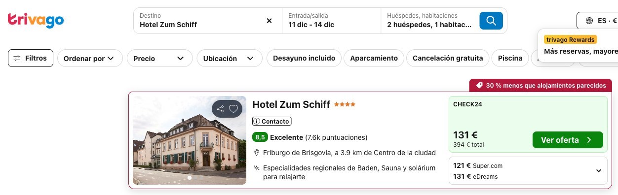 Precio del Hotel Zum Schiff de Friburgo en Trivago del 11 al 14 de diciembre