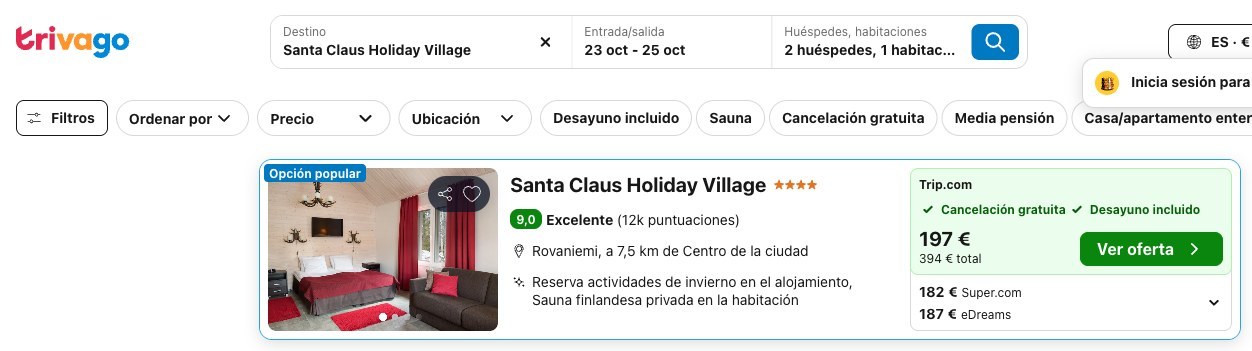 Precio del Santa Claus Holiday Village en Trivago del 23 al 25 de octubre