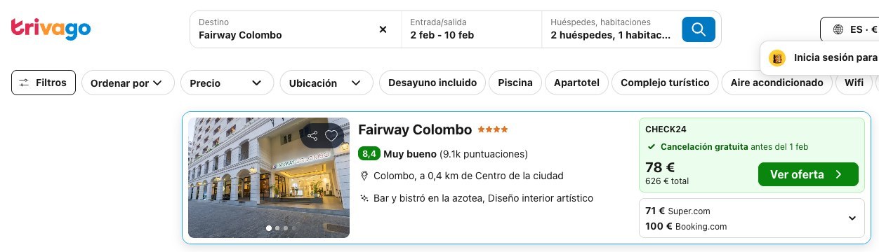 Vuelo y hotel en Colombo: precio del Fairway Colombo en Trivago, del 2 al 10 de febrero