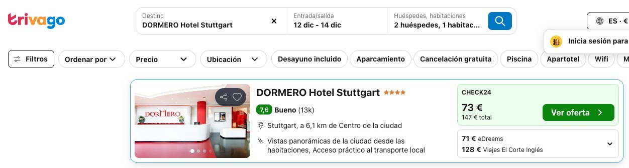 Vuelo y hotel en Stuttgart: precio del DORMERO Hotel Stuttgart en Trivago, del 12 al 14 de diciembre