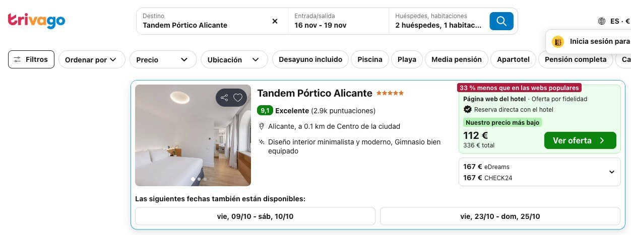 Precio del Tandem Pórtico Alicante en Trivago del 16 al 19 de noviembre