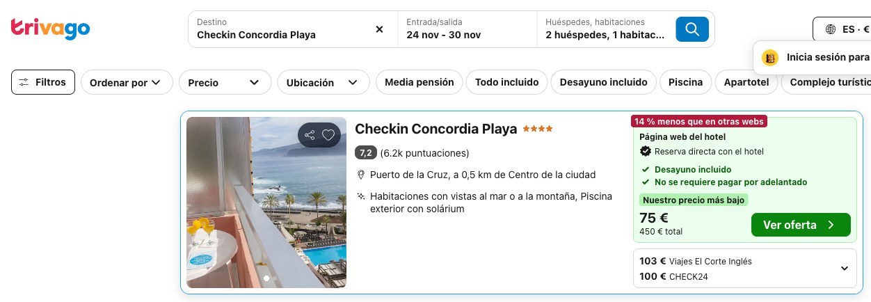 Vuelo y hotel en Tenerife: precio del Checkin Concordia Playa en Trivago, del 24 al 30 de noviembre