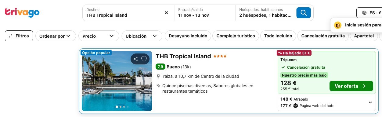 Precio del THB Tropical Island en Trivago del 11 al 13 de noviembre