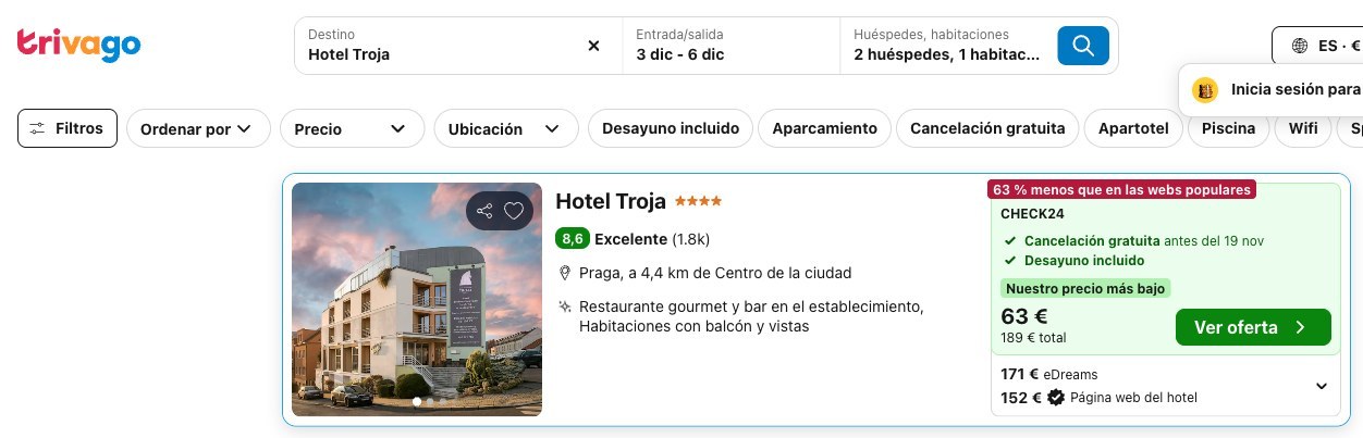 Precio del Hotel Troja en Trivago del 3 al 6 de diciembre