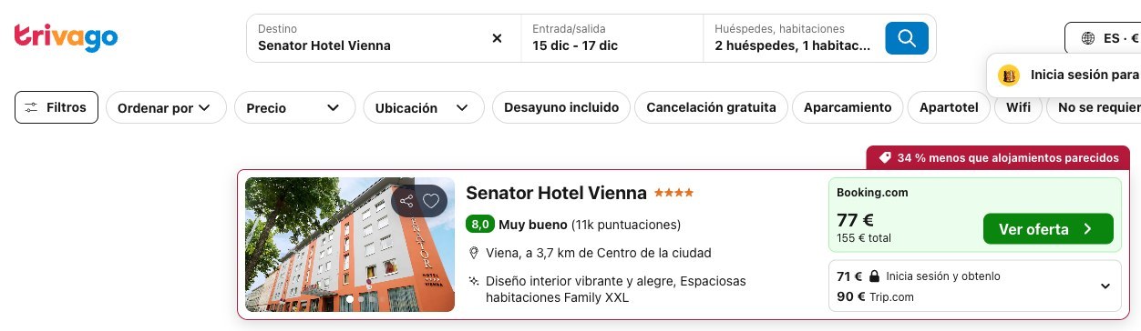 Vuelos y hotel en Viena: precio del Senator Hotel Vienna en Trivago, del 15 al 17 de diciembre
